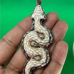 Vintage Beautiful Tibetan Jewelry Intricate Cream and Silver Snake Pendant